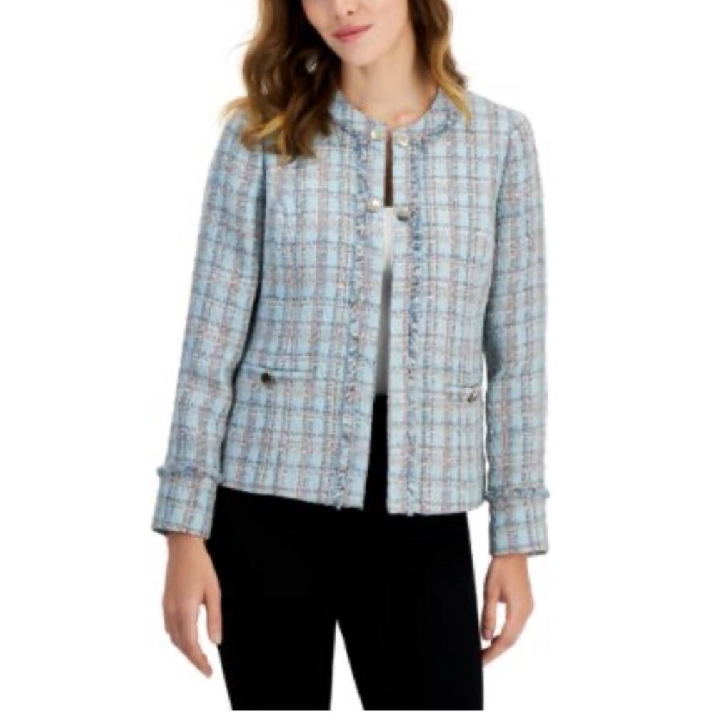 Ann Klein Tweed Double Breasted Blazer Jacket 14 Preppy Blue Pink Multi Metallic